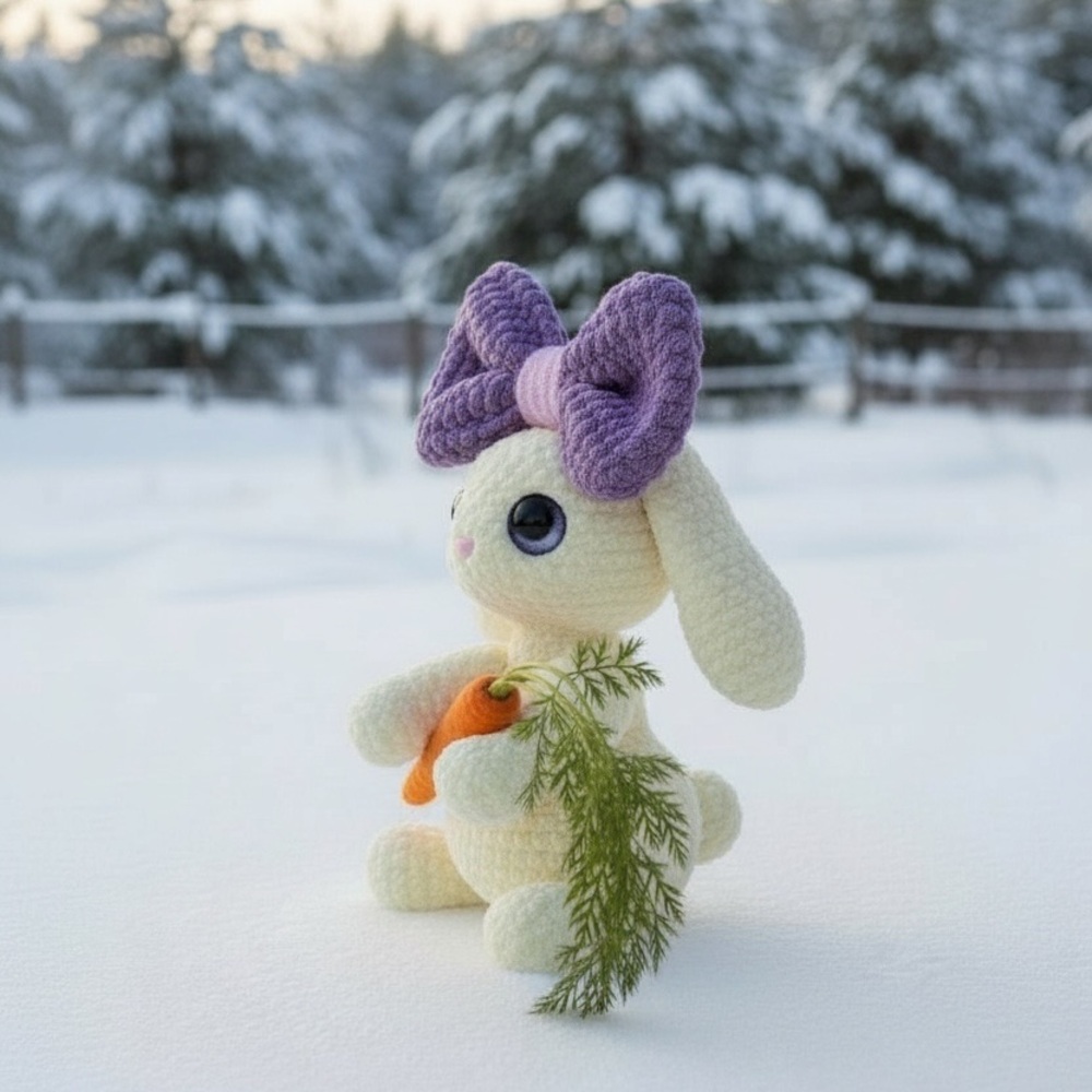 Charming Cream Bunny Plush with Purple Bow - Picture 2 of 3